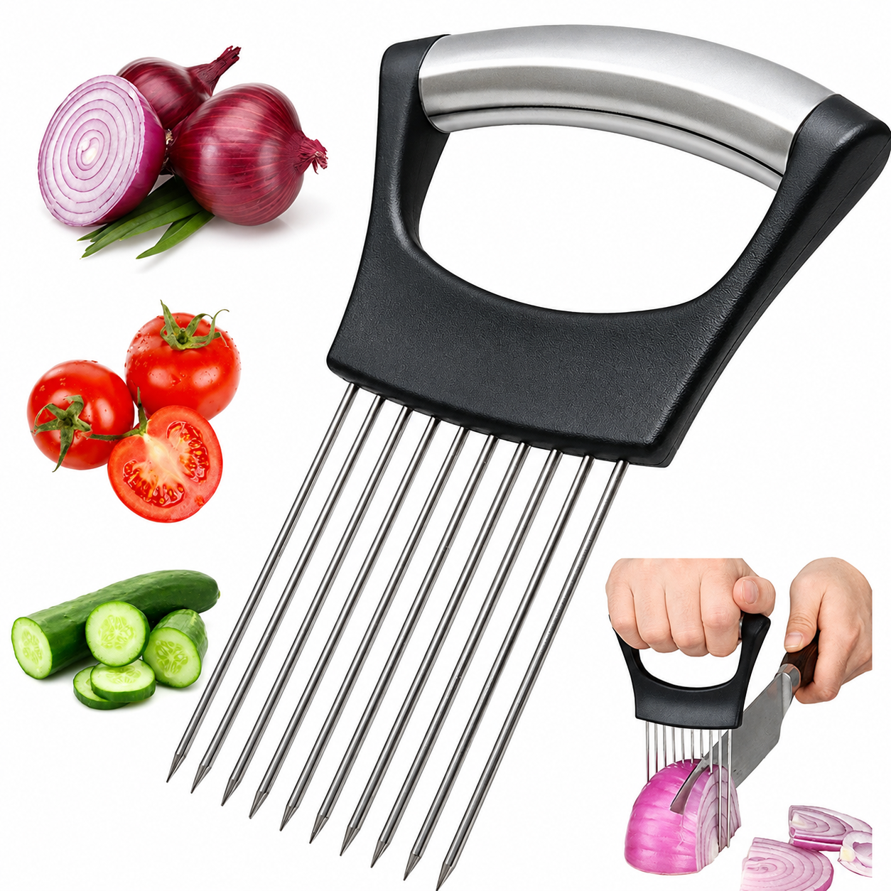 Onion Holder Slicer Vegetable Tools Tomato Cutter Stainless Steel Kitchen Gadget